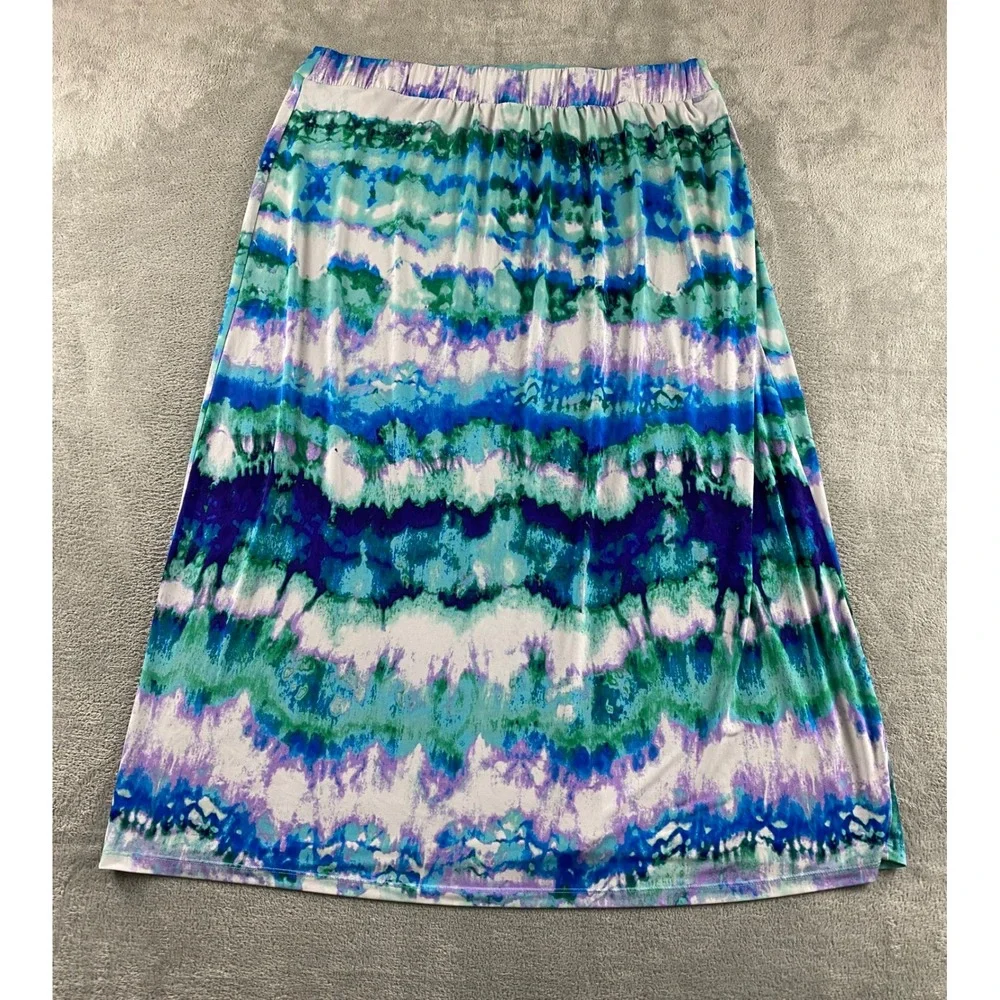 Cato Womens Plus 18/20W Blue Green Purple Tie Dye Jersey Knit Maxi Skirt
